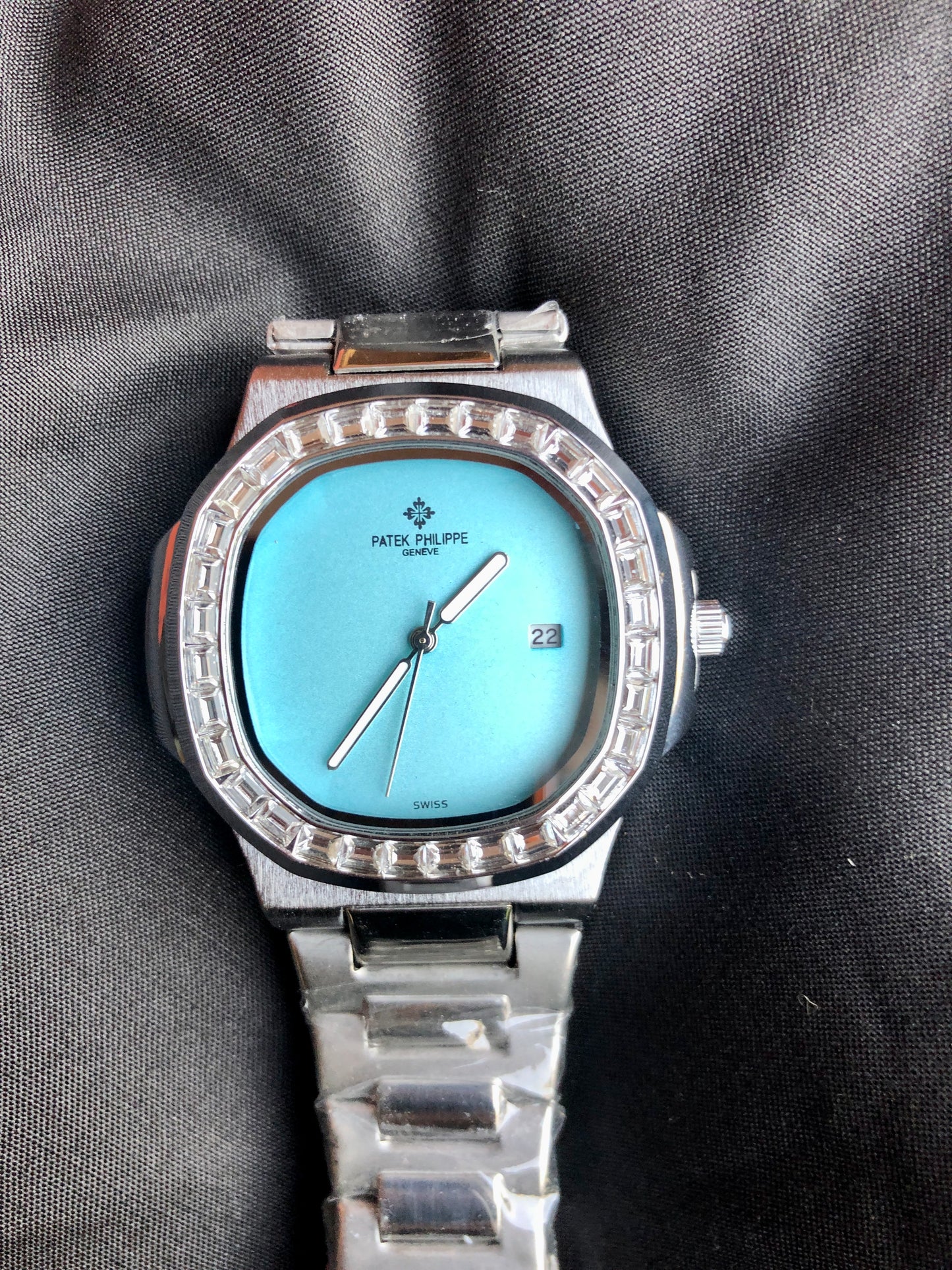 "🔥 40% OFF – Iced-Out Patek Style Watch with Aqua Blue Dial"