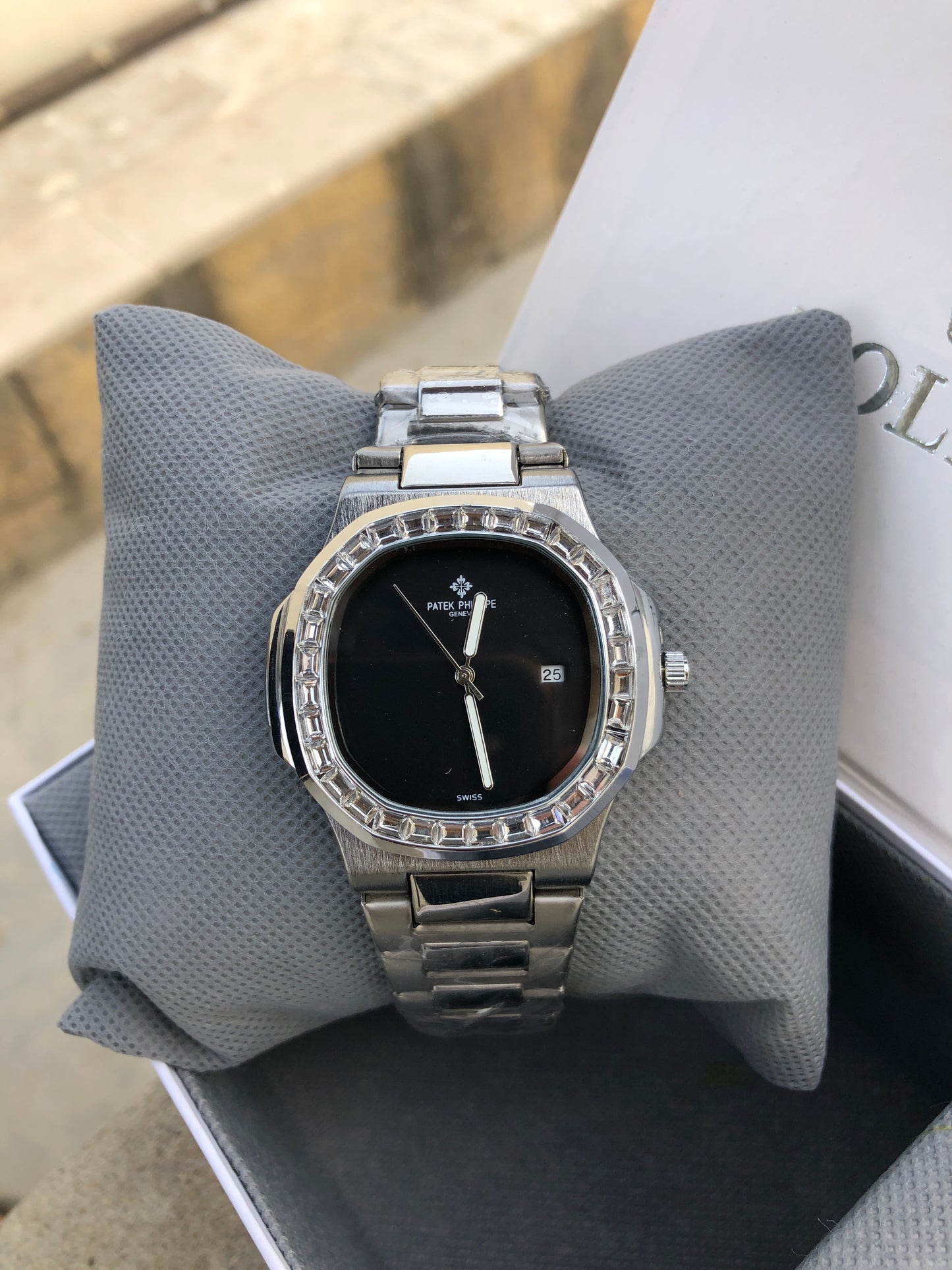 "🔥 40% OFF – Iced-Out Patek Style Watch with Aqua Blue Dial"