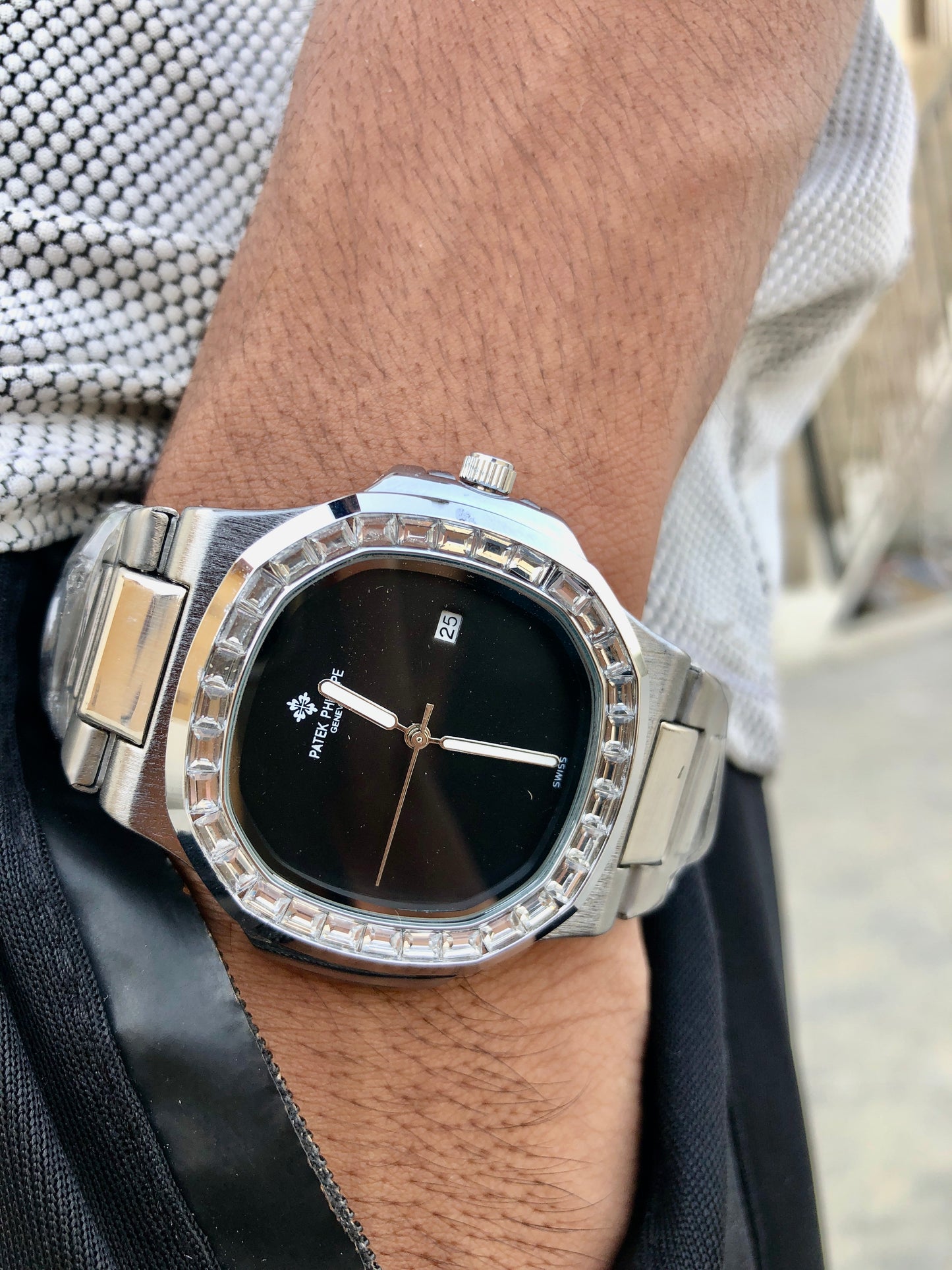 "🔥 40% OFF – Iced-Out Patek Style Watch with Aqua Blue Dial"