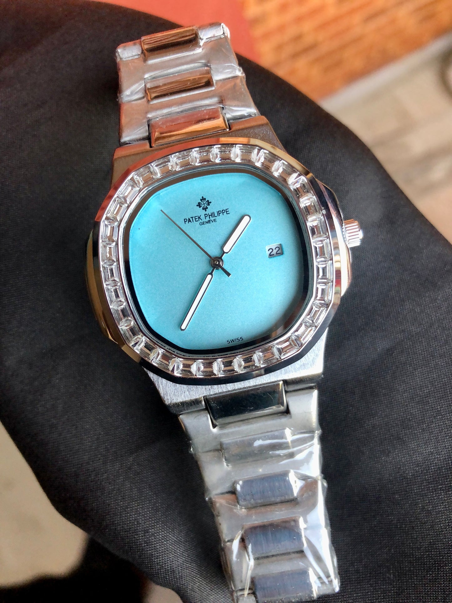 "🔥 40% OFF – Iced-Out Patek Style Watch with Aqua Blue Dial"