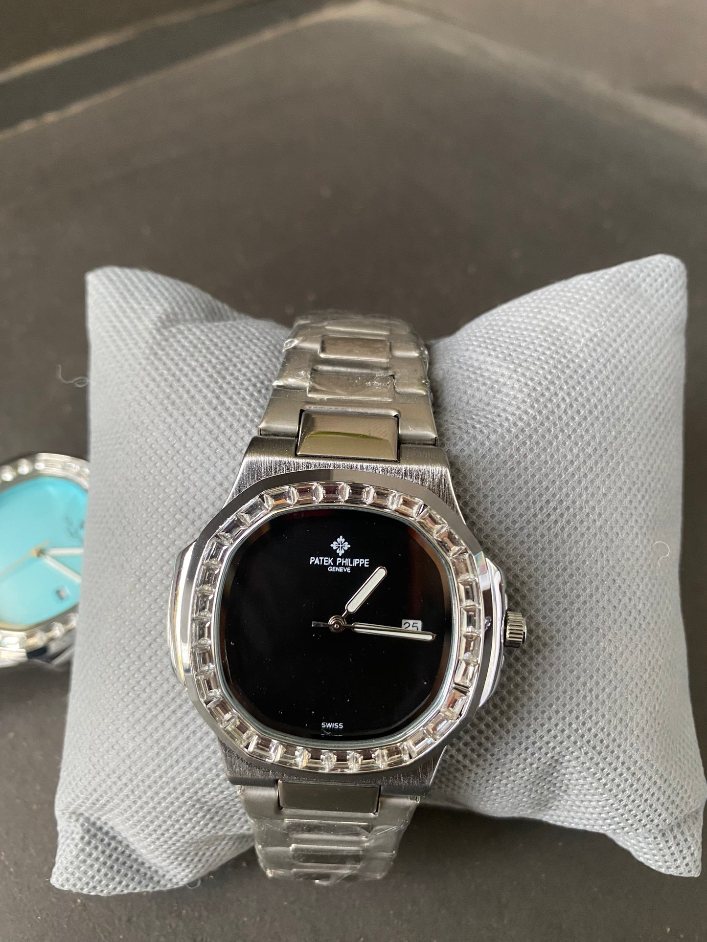 "🔥 40% OFF – Iced-Out Patek Style Watch with Aqua Blue Dial"