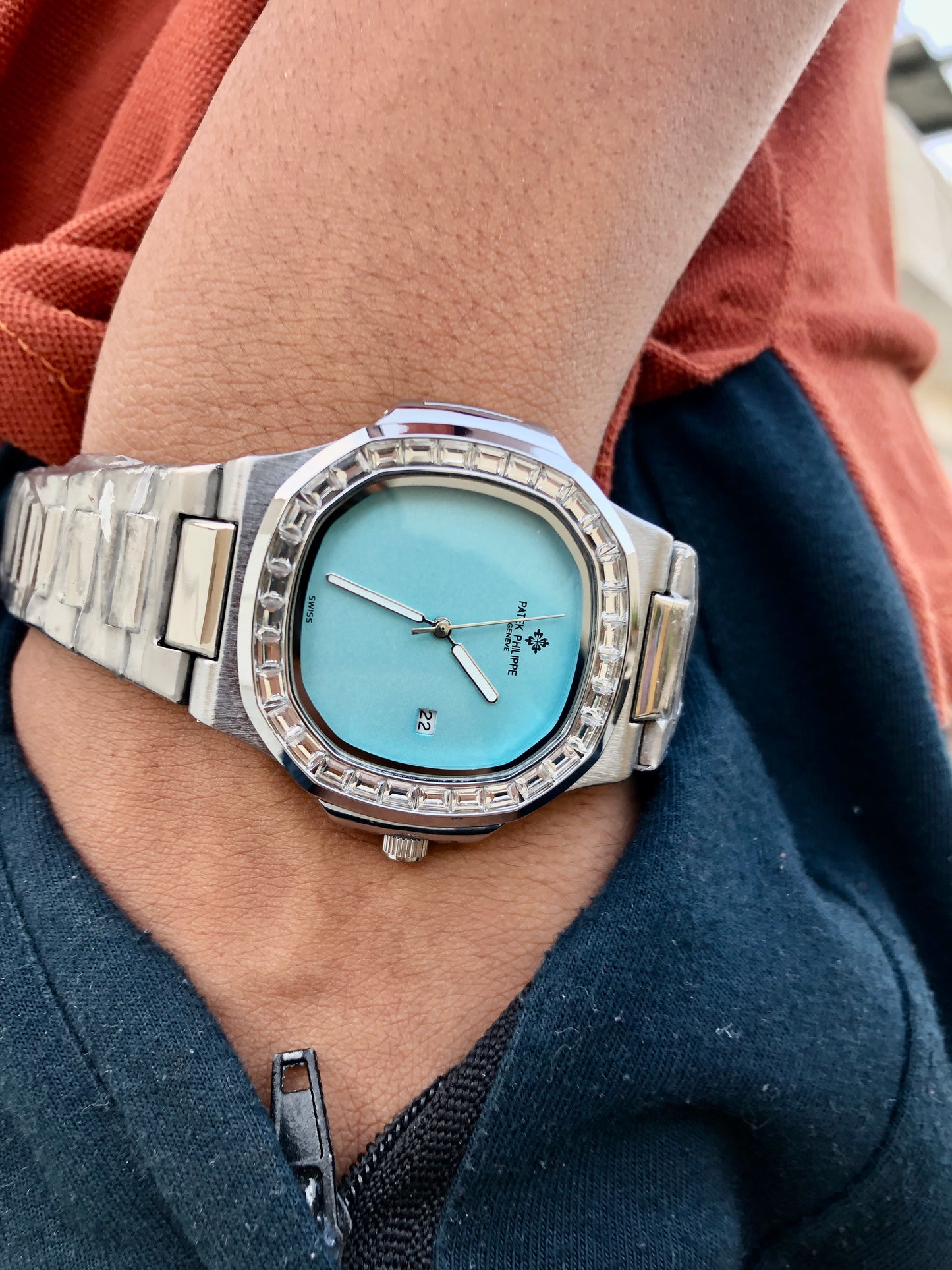 "🔥 40% OFF – Iced-Out Patek Style Watch with Aqua Blue Dial"