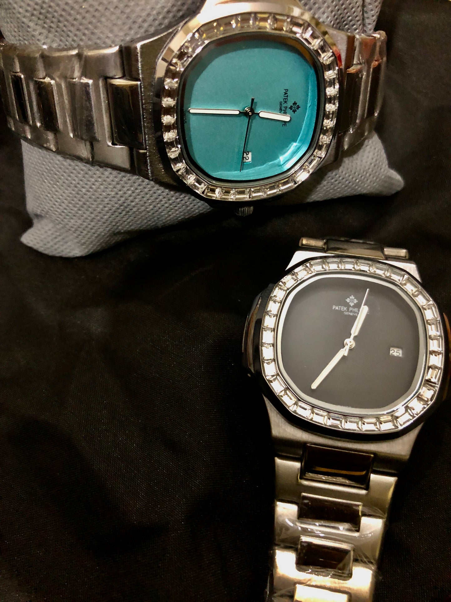 "🔥 40% OFF – Iced-Out Patek Style Watch with Aqua Blue Dial"