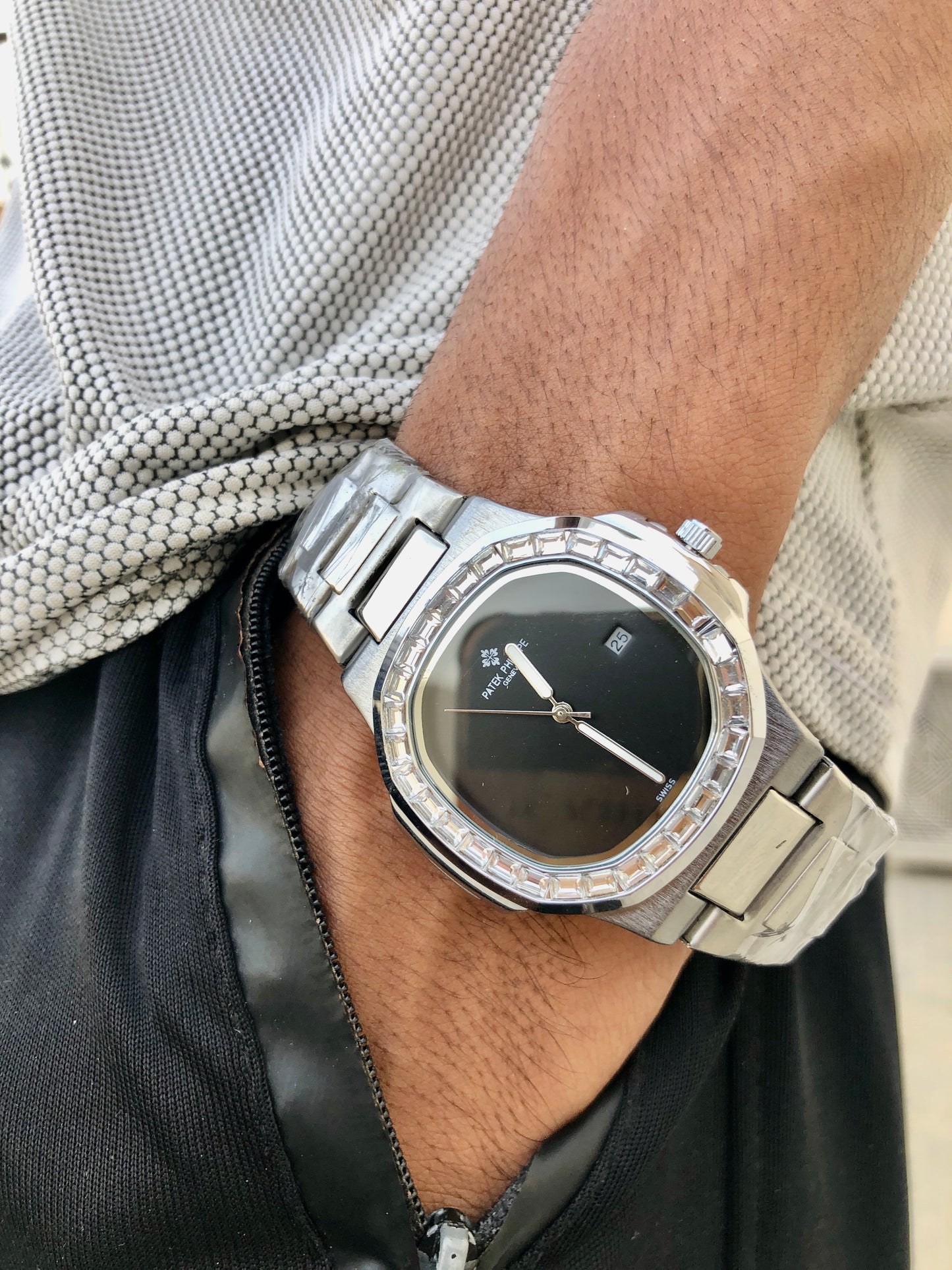 "🔥 40% OFF – Iced-Out Patek Style Watch with Aqua Blue Dial"