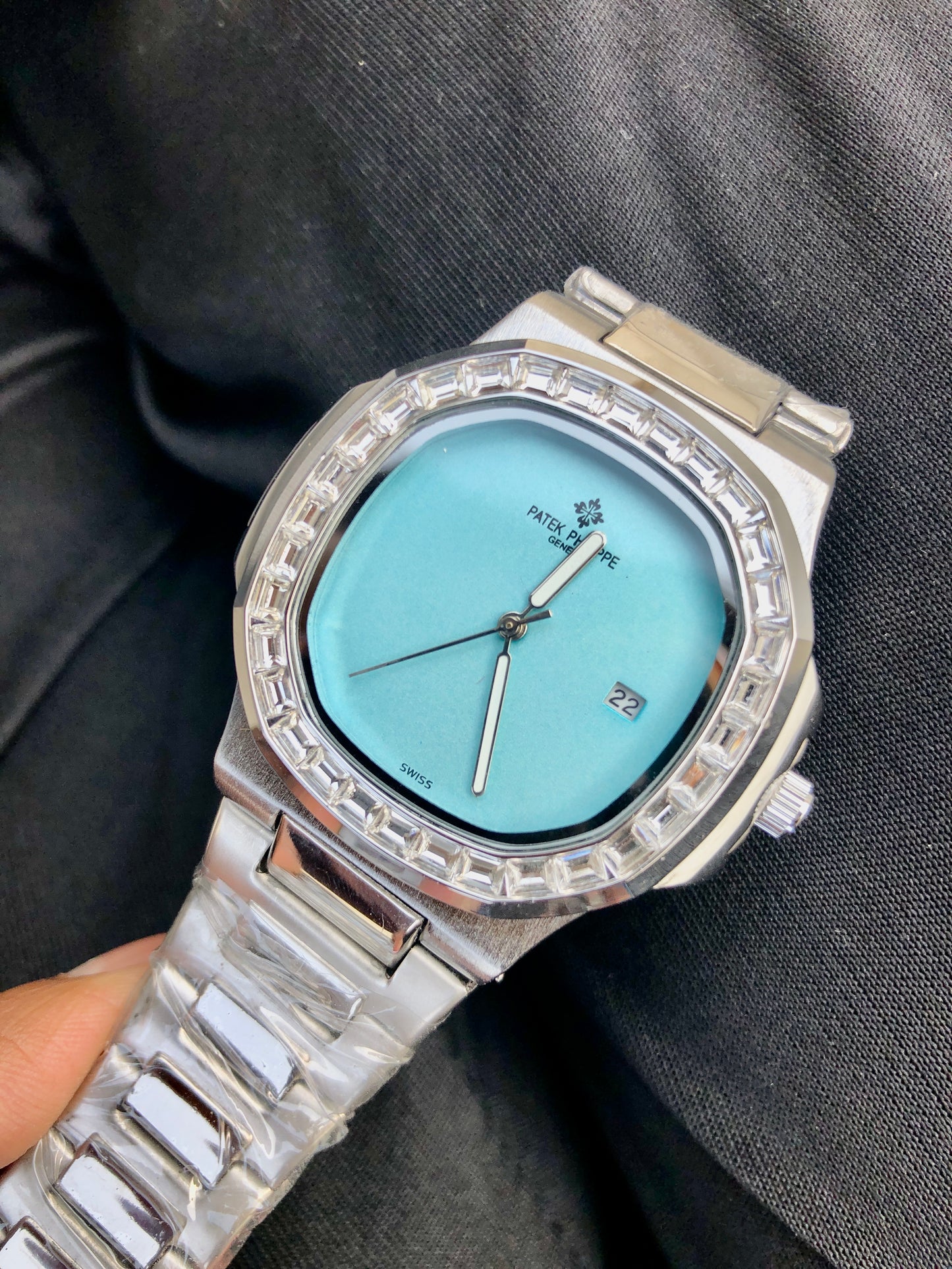 "🔥 40% OFF – Iced-Out Patek Style Watch with Aqua Blue Dial"