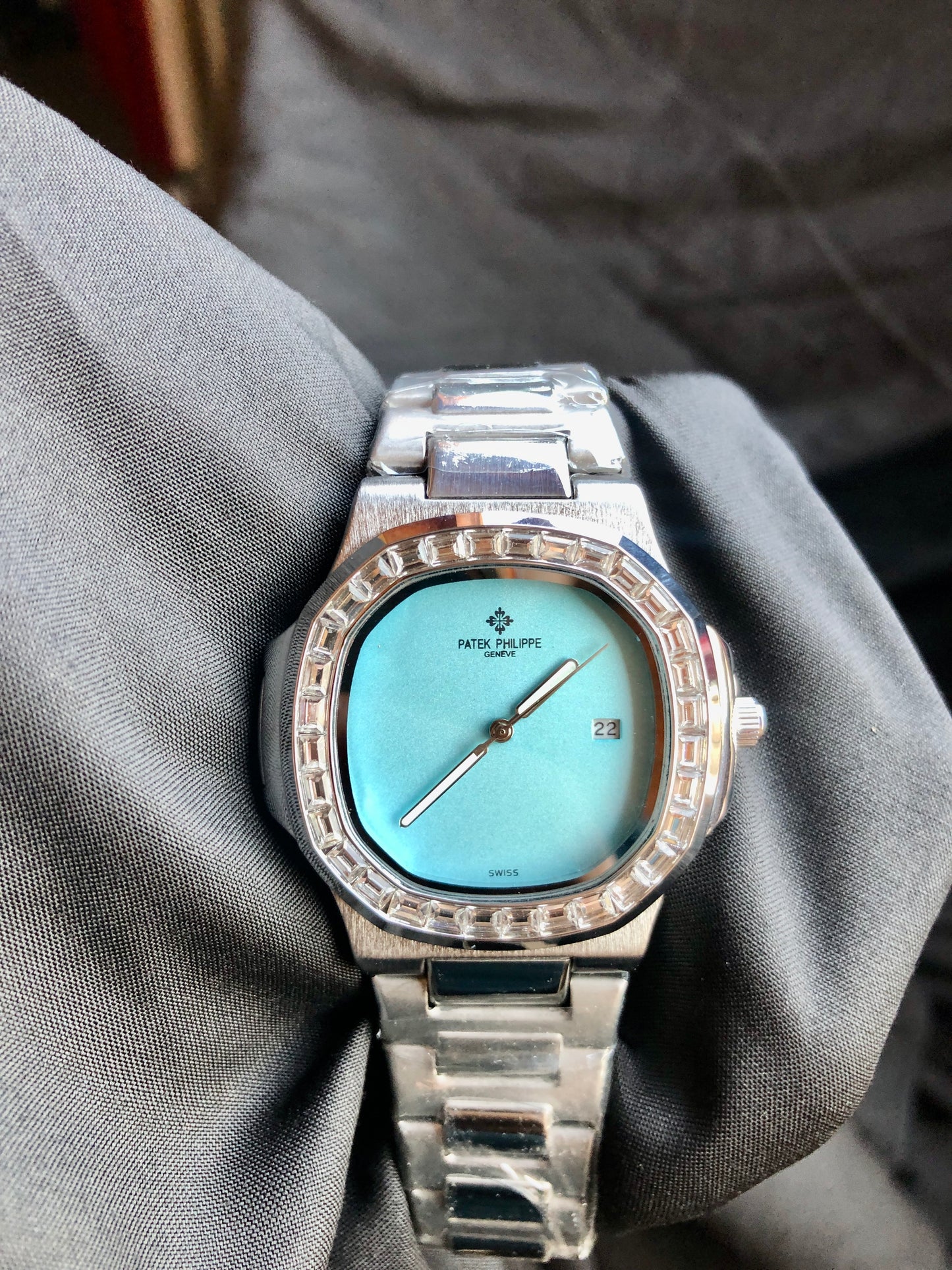 "🔥 40% OFF – Iced-Out Patek Style Watch with Aqua Blue Dial"