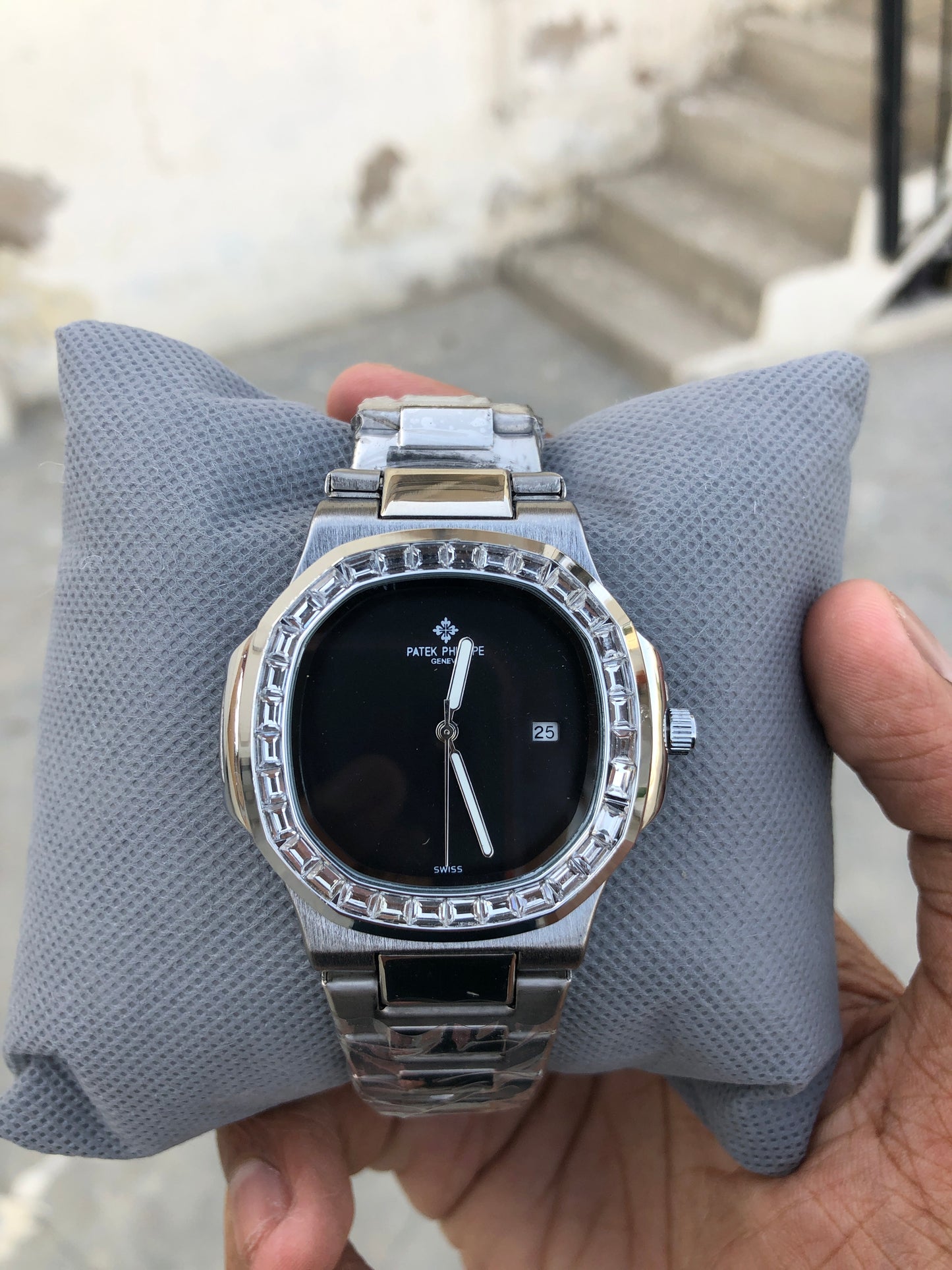 "🔥 40% OFF – Iced-Out Patek Style Watch with Aqua Blue Dial"