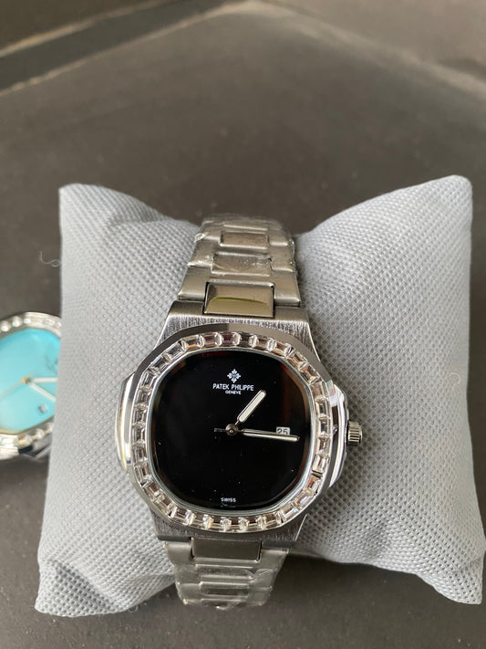 "🔥 40% OFF – Iced-Out Patek Style Watch with Aqua Blue Dial"