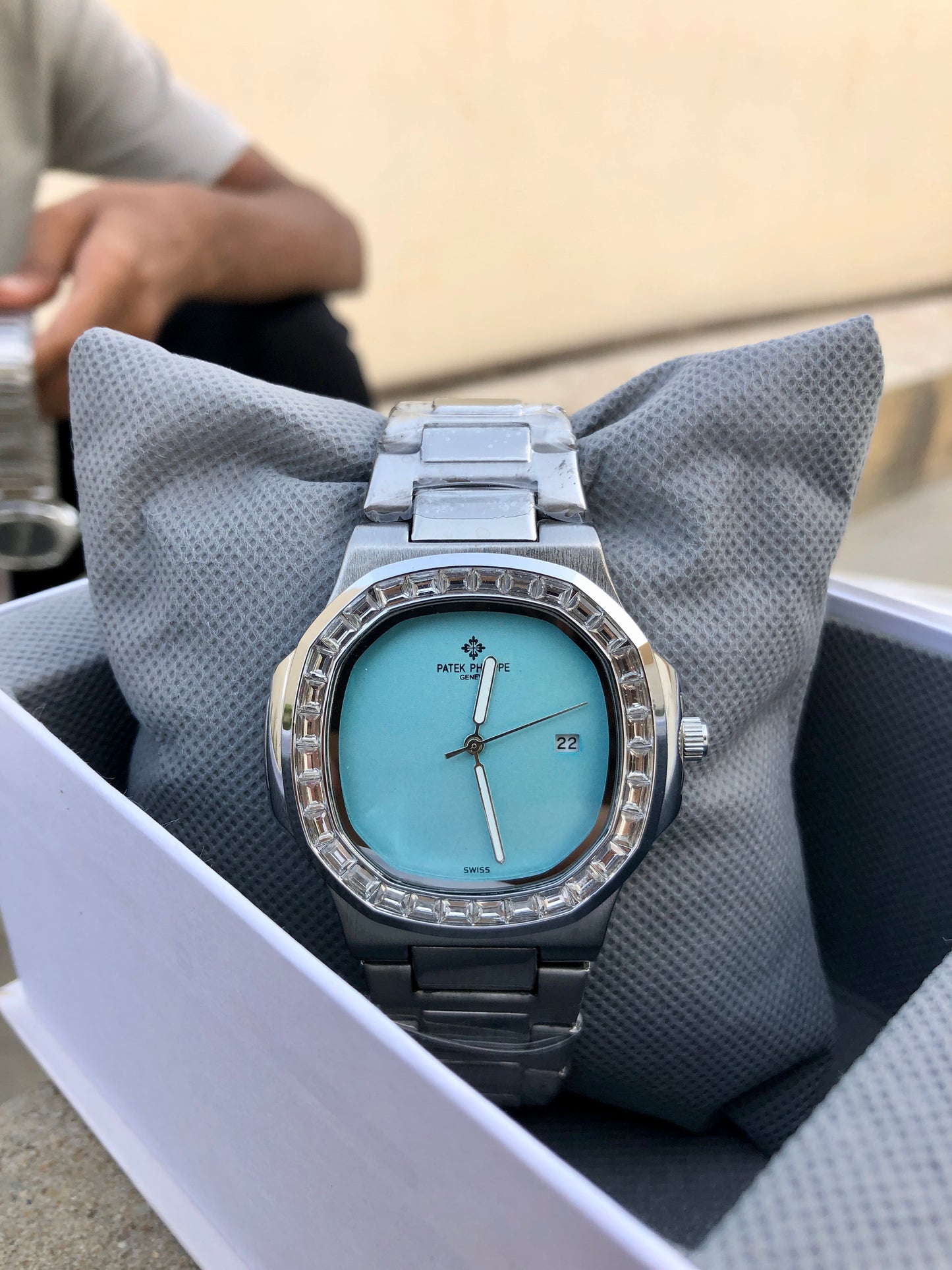 "🔥 40% OFF – Iced-Out Patek Style Watch with Aqua Blue Dial"
